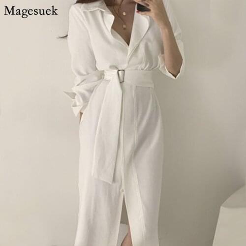 Vintage Shirts Dress for Women Spring Solid Button Party Dress 2021 Casual Clothing Female Long Dresses with Belt Vestidos 13889