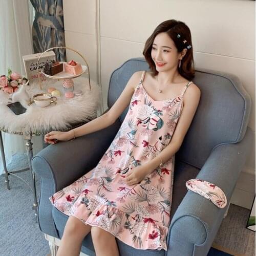 Sling Nightdress Female Summer Short-sleeved with Chest Pad Version Loose and Fresh Student Thin Pajamas Womens Home Service