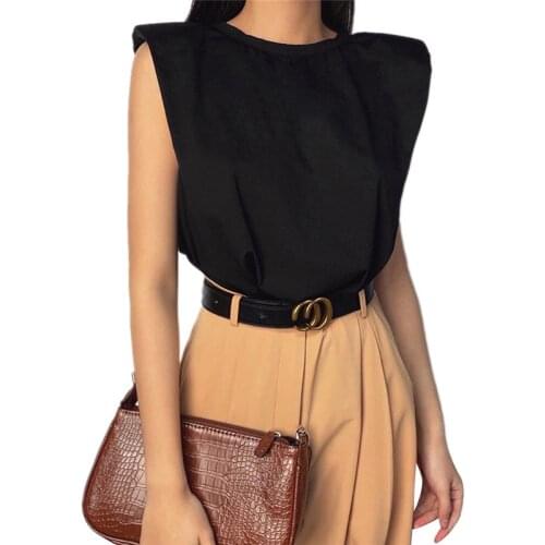 Women Shirt Sleeveless Solid Color O Neck Casual Tee Elegant Summer Office Lady Tee Tops Padded Shoulder T-Shirts Tank Tops