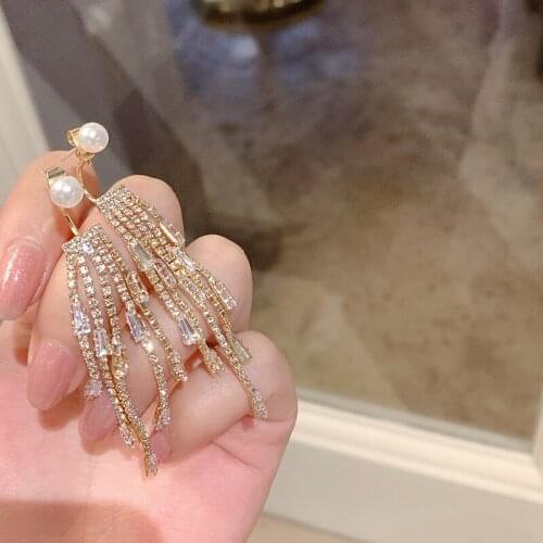 Origin Summer Shining Simulation Pearl Long Tassel Dangle Earring for Women Exquisite Cubic Zircon Metallic Earring Jewelry