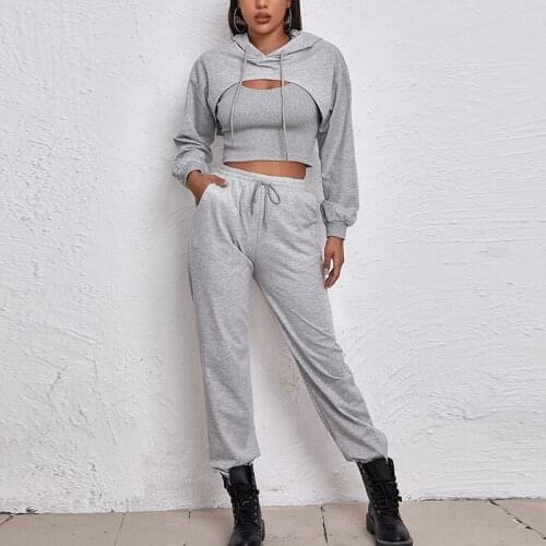 Womens Cropped Tank Top Hoodies Three Piece Suit Hollow Out Lace Up Jogger Sets Female 2021 Autumn Lady Casual Tracksuit