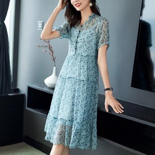 2021 Summer Women Dresses Elegant V-neck Short Sleeve Ruffles 100% Natural Real Silk Printed Lady A-line Dress Two-pieces Set