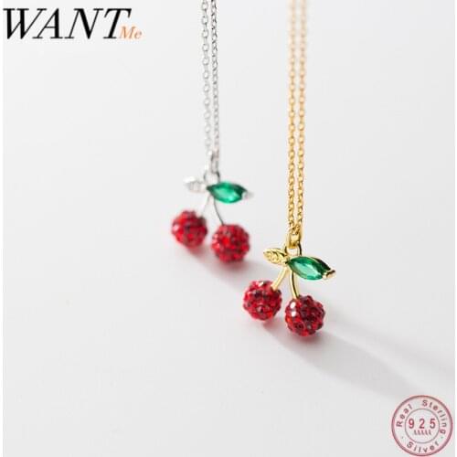 WANTME Genuine 925 Sterling Silver Sweet Romantic Red Cherry Pendant Necklace for Women Party Wedding Fine Jewelry Accessories