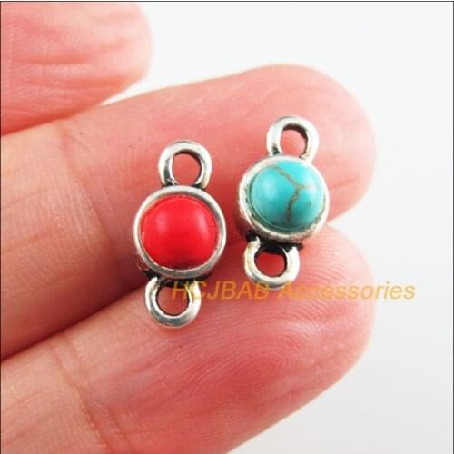 25Pcs Tibetan Silver Tone Round Red & Blue Stone Circle Charms Connectors 7x14mm
