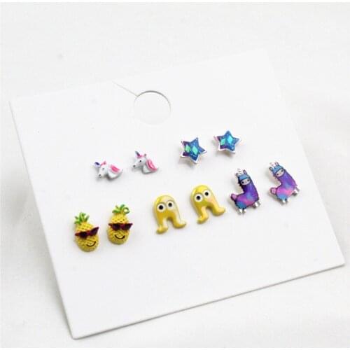 5 Pairs/lot Cute Stud Earring Set for Girls Glitter Unicorn Star Pineapple Octopus Alpaca Ear Studs Wholesale Gift Jewelry