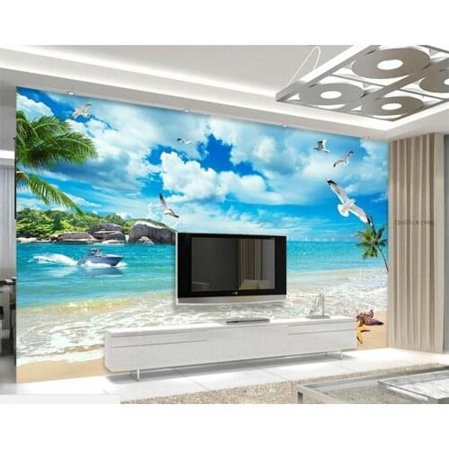 Beibehang Nature Beach Seagull Coconut Yacht Landscape Photo Wallpaper murals 3D Living Room TV Wall wallpaper for walls 3 d