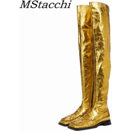 MStacchi Brand Design Womens Long Boots Square Toe Plush Gold Flat Party Shoes Winter Western Boots For Female Big Size 34-43