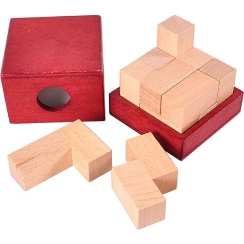 Tetris IQ Wooden Soma Cube Red Wooden Box with Cube Puzzle Logic Brain Teaser Wood Games Toys 3D Puzzles for Adults Children Toy