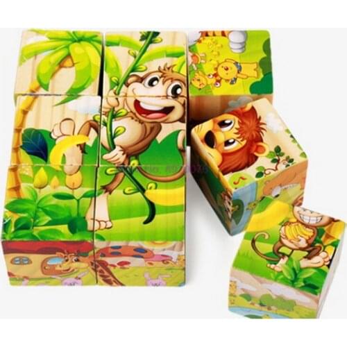DHL 50set 9pcs/set Six-face Picture Wooden Jigsaw 3D Puzzle Toys Childrens Early Educational Toy Cube Jigsaw Puzzle