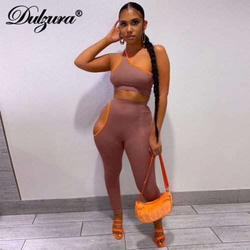 Dulzura Ribbed Patchwork 2 Pieces Single Shoulder Crop Top Hollow Out Leggings Set Bodycon Sexy Sporty 2021 Summer Tracksuit