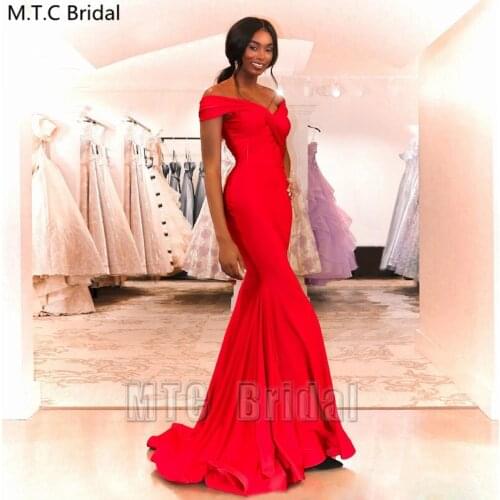 Elegant Long Mermaid Red Satin Formal Dress Evening Off The Shoulder Black Girl Graduation Prom Gowns Customize Party Gowns