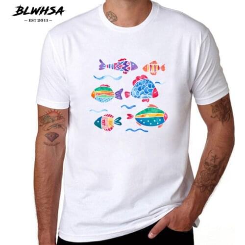 BLWHSA New Summer Watercolor Colorful Fishes Pack Printed Men T-Shirt White 100% Cotton Short Sleeves Hip Hop T Shirts