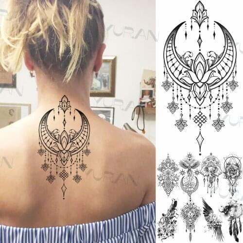 Henna Moon Lotus Moon Temporary Tattoos For Women Adults Fake Lace Flower Wings Tattoo Sticker Dreamcatcher Back Tatoos