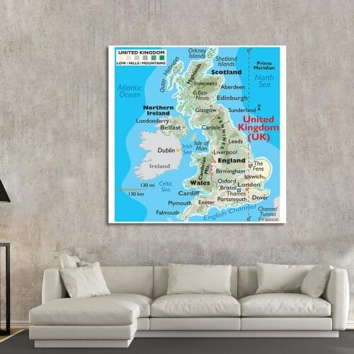 150*150cm The United kingdom Terrain Map Non-woven Canvas Painting Large Poster Classroom Wall Home Decoration School Supplies