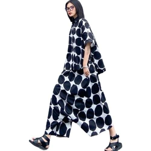 Fashion Two Pieces Sets Women Clothing Polka Dot Print Shirt + Harem Pants 2 Piece Sets Womens Outfits High Street LT226S50