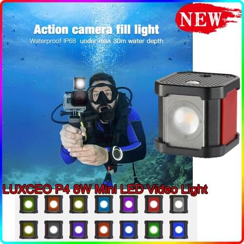 LUXCEO P4 8W Mini LED Video Light Portable RGB Video Light 10m IP68 Waterproof Color Filter Diffuser Honeycomb for DSLR Sony New