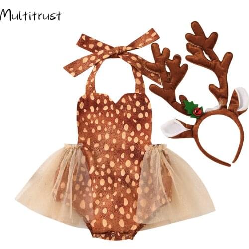 Infant Newborn Baby Girls Cosplay Elk Sleeveless Lace up Bodysuit+Elk headband 2pcs Summer Outfit Clothes Set 2Pcs Size 0-2T