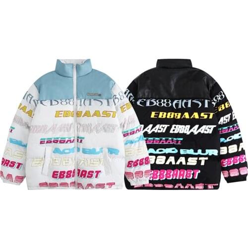 Mens Hip Hop Thick Jackets Towel Embroidery Gypsophila Shiny Reflective Padded Jackets Winter Oversized Coats Streetwear Unisex