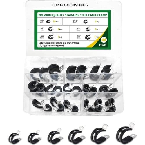 44Pcs Cable Clamps Assortment Kit,304 Stainless Steel Rubber Cushion Metal Pipe Clamps in 6Sizes 1/4" 5/16" 3/8" 1/2" 5/8" 3/4"