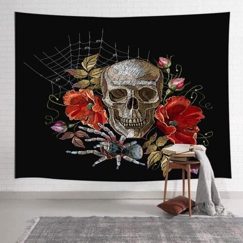 Halloween Embroidery Skull and Roses Humming Bird and Flowers Art Day Of Dead Tapestry Wall Hanging