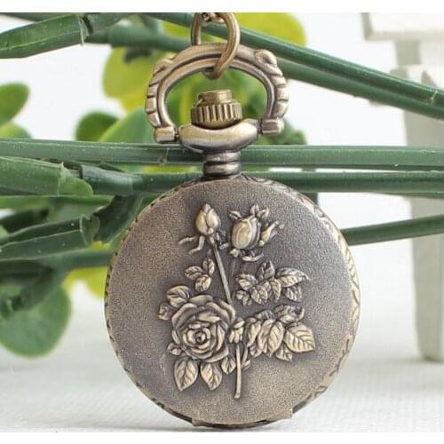 New fashion quartz Roses bronze beautiful high quality woman girl gift Necklace pocket watch