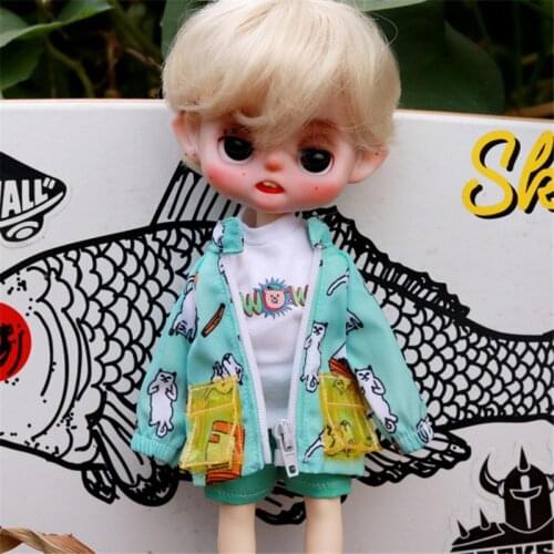Blythes Doll Clothes fits with a stylish 1/6 size BJD 1/4 1 /6 cartoon cat zipper jacket + white T-shirt short sleeves + shorts