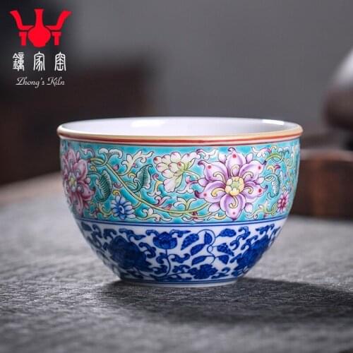 Cup single cup Jingdezhen handmade blue and white flower binding, pattern enamel, tea cup, shaking cup, small cup