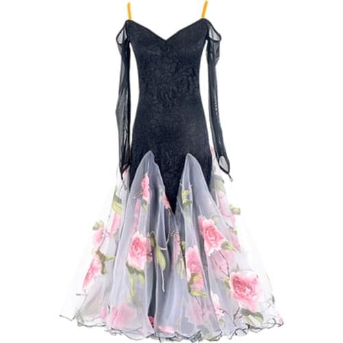 Modern dance new sling backless shoulder ballroom dance lace pattern ballroom dance big swing waltz performance dress