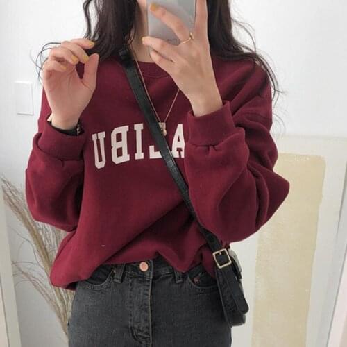 Letter Print Autumn Winter Hoodies Sweatshirts Women Korean Vintage with Velvet Casual Streetwear Pullovers O-Neck Oversize X696