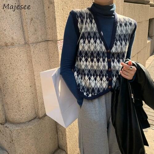 Vests Women Knitted Argyle Vintage Single Breasted V-neck College Casual Students Loose Lazy Ulzzang Sweaters Chic Fashion New