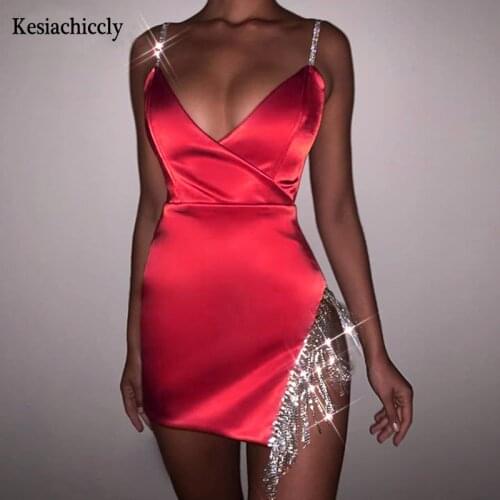 Kesiachiccly 2021 Summer Rhinestone Satin V Neck Dress Women Backless Bodycon Mini Dresses Sleeveless Elegant Sexy Party Dress