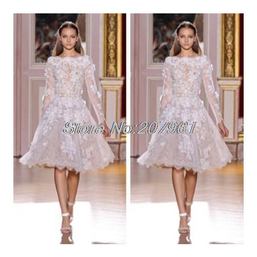 Hot Sale High Neck Lace Long Sleeve Short White Zuhair Murad Evening dress 2019 vestido de noiva