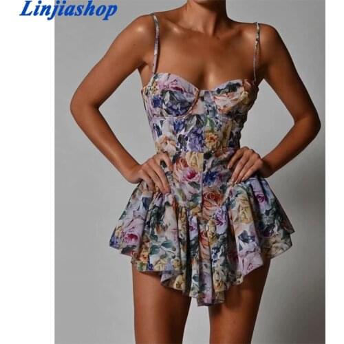 Sexy Vintage Floral Print Suspender Mini Dress Slim Fish Bone Stitching Asymmetrical Ruffled 2021 Summer Womens Clothing