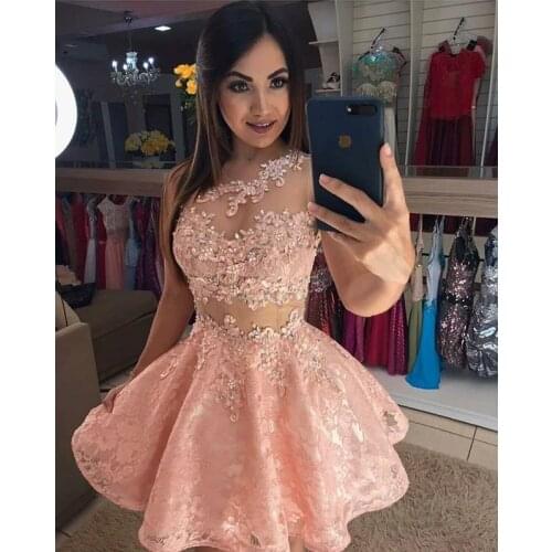 2020 Peach Color One Shoulder Lace Beaded Ball Gown Mini Cocktail Prom Party Dress Short