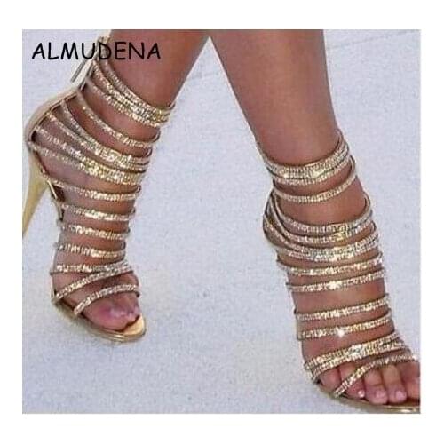Bling Bling Gold Crystal Sandals Thin Strappy Gladiator Sandal Shoes Stiletto Heel Wedding Pump Rhinestone Cage Sandal Dropship