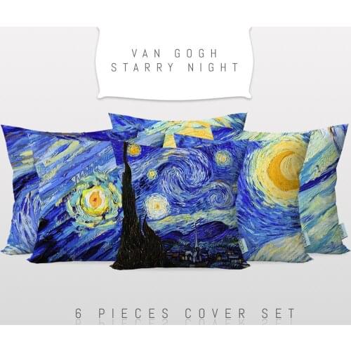 Cipcici Van Gogh Starry Night 6 Pieces Pillow Case Set Art Decor Sofa Cushion Cover Printable Art Reversible 2 Side