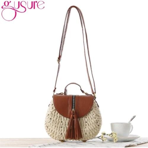 Gusure Tassel Handmade Straw Woven Bag Messenger Casual Flap Bags Travel Beach Vacation Shoulder Tote Bags For Women Girl