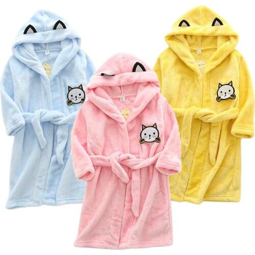 Kids Cartoon Cat Robes New Winter Baby Girl Bathrobe Sleepwear Robe For Children Flannel Hooded Pajamas Boys Homewear Clothing