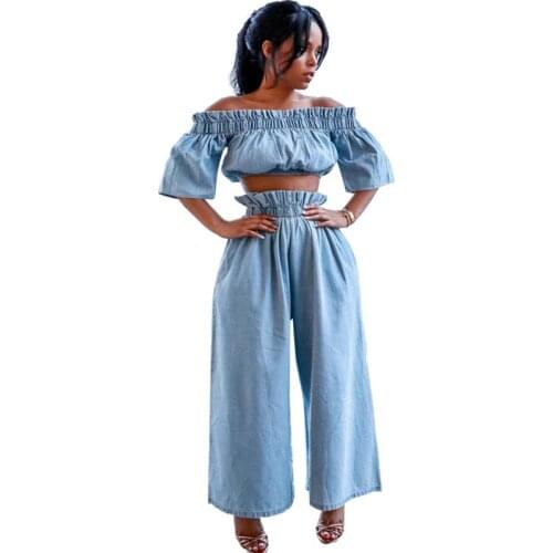 Sexy Off Shoulder Ruffles Two Piece Set Women Elegant Denim Crop Top + Wide Leg Pant Suits Club Wear Party Club Outfits Jeans