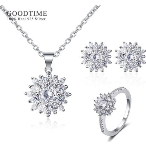 Luxury Rhinestone 925 Sterling Silver Bridal Jewelry Sets Snowflake Zircon Necklace Earrings Ring Set Gift For Women Party