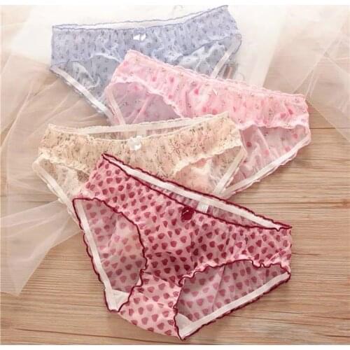 Japanese Underwear Female Girl Sweet Breathable Strawberry Mesh See-through Low-waist Briefs Cartoon Sexy Underwear Women