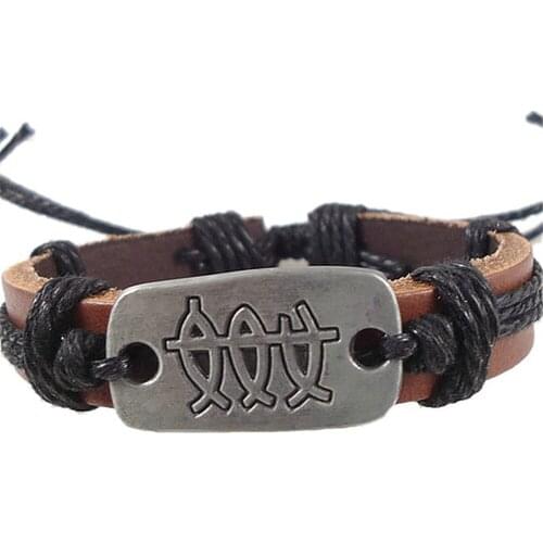 New Punk Vintage Retail Promotion Fish Symbol Charm Wrap Belt Hemp Rope Genuine Leather Women Men Bracelet Wholesale Jewelry