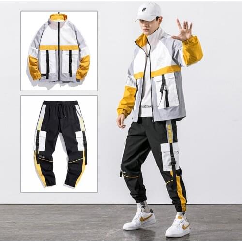 2021 Hip Hop Workwear jacket Mens Tracksuit Jacket+Pants 2PC Sets baseball loose Zipper Ribbons Coat & Long Pants Mens Clothing