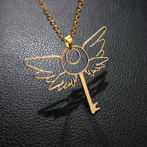 Hollow Key Statement Necklace Wings Charm Choker Vintage Jewelry Gold Chain Stainless Steel Necklaces For Women Men Colar