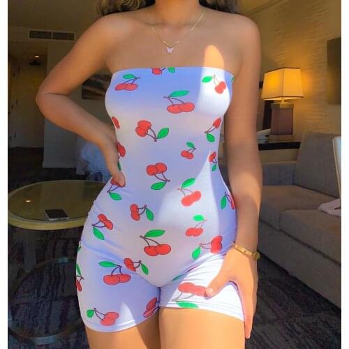 Sexy Cherry Pattern Print Women Bodysuit Off the Shoulder Bodycon Stretch Short Romper Pajamas Women Jumpsuit Overalls Streetwea