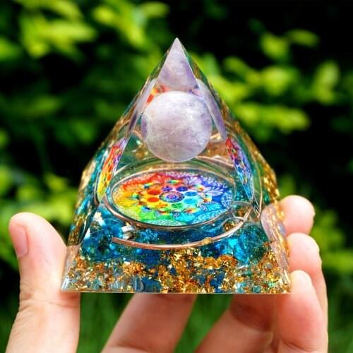 Handmade Orgonite Pyramid 60mm Amethyst Crystal Copper Blue Quartz HEALING Crystal Reiki Orgone Pyramid Chakra EMF Protection