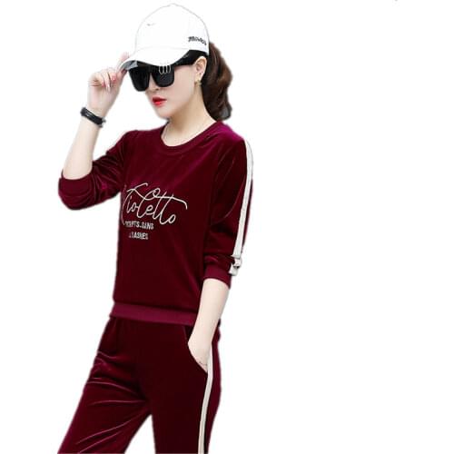 Leisure Two-piece set 2019 Autumn New gold velvet sports suit female Large size track suits women fashion Tops and pants tide