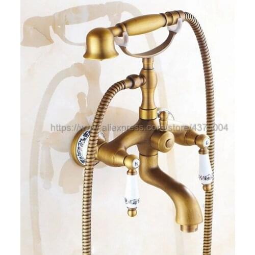 Bathtub Faucets Wall Mounted Antique Brass Bathtub Faucet With Hand Shower Bathroom Bath Shower Faucets Ntf311