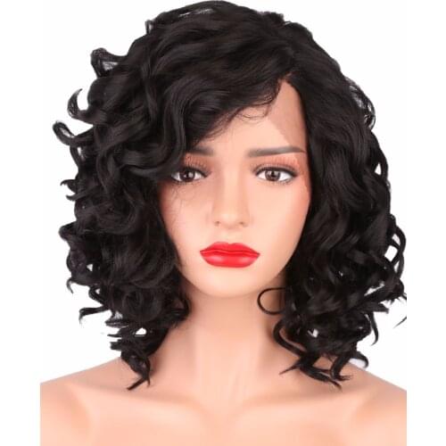 StrongBeauty Synthetic Lace Front Wig Curly Bob Haircut Heat Resistant/ Side Part Natural Black Wig Womens Medium Length L Part