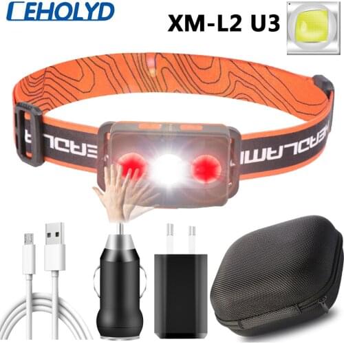 Sensor Led Headlamp Build-in Battery XM-L2 U3 Headlight Usb Rechargeable Head Flashlight 10W Torch COB Bulbs for Camping